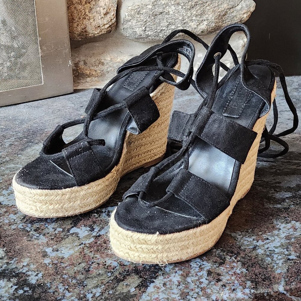 Forever 21 Black Faux Suede Wedge Espadrille Sandals Size 7 - Picture 7 of 16